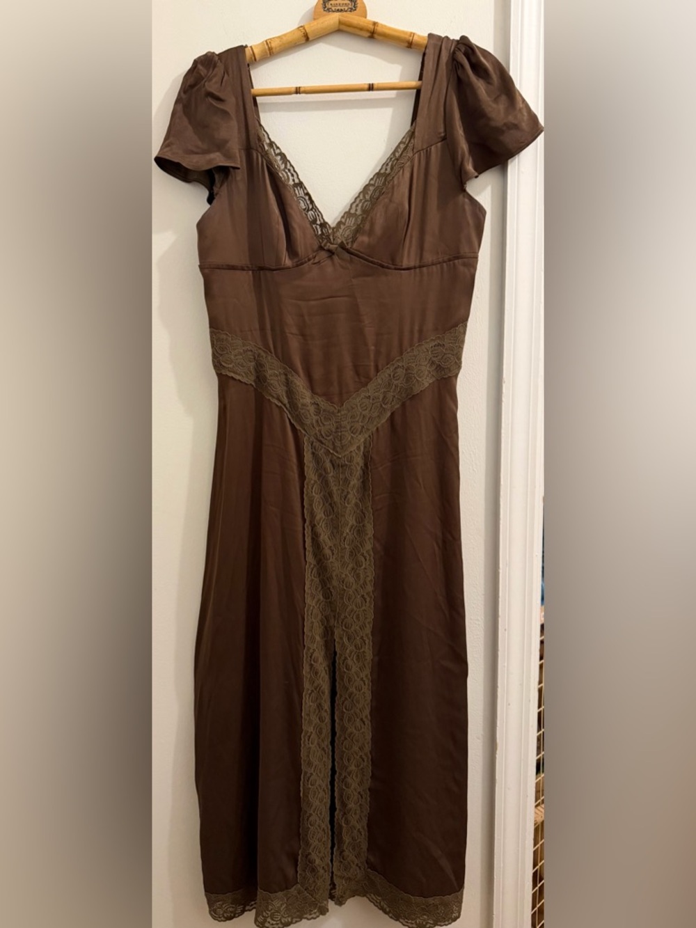 Free People Brown Olive Satin Lace-Trim Midi Slip Dress - Picture 4 of 10